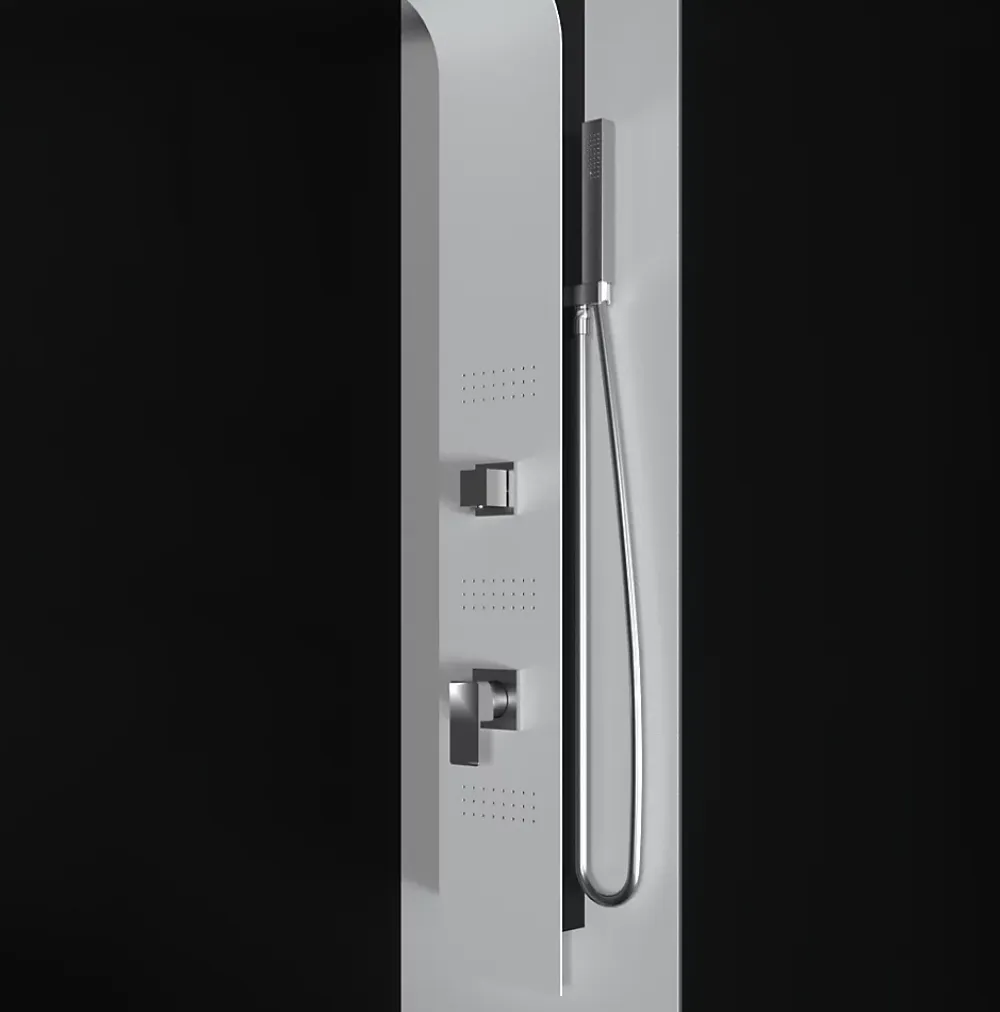 Colonne De Douche Hydromassante|Laneri Colonne de douche hydromassage en aluminium verni en poudre blanche mat (frontal) et noir mat (lateral)