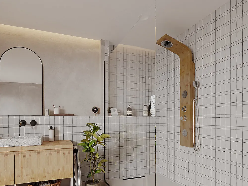 Vente-unique Colonne de douche hydromassante, pluie tropicale et panneau en bambou - 20 x 140 cm - TISSIA