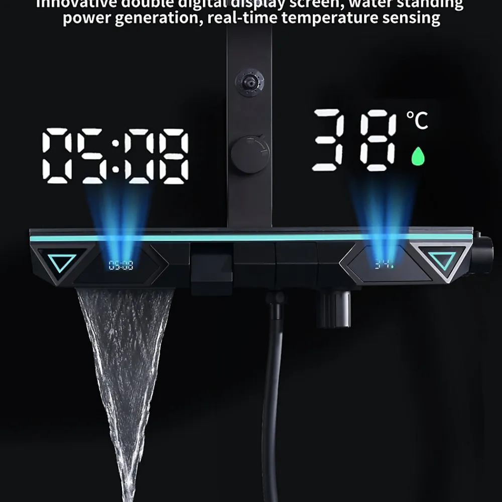Colonne De Douche Thermostatique|Homelody Colonne de Douche Hydromassante Thermostatique Noir avec LED et Affichage Numérique, Ensemble Complet avec Étagère de Rangement