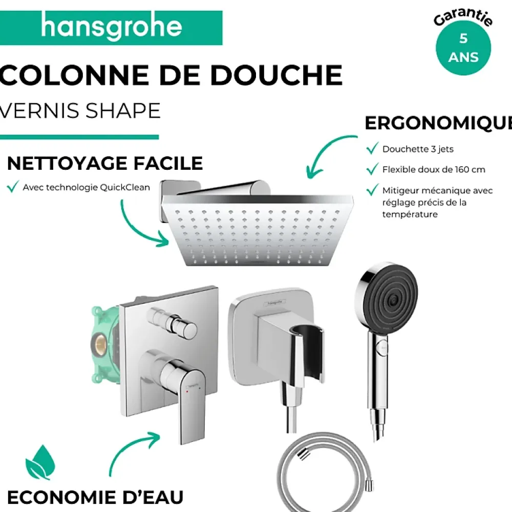 Colonne De Douche Encastrable|Hansgrohe Colonne de douche mécanique Vernis Shape Douche de tête Vernis Shape Flexible Designflex Douchette Pulsify chromé