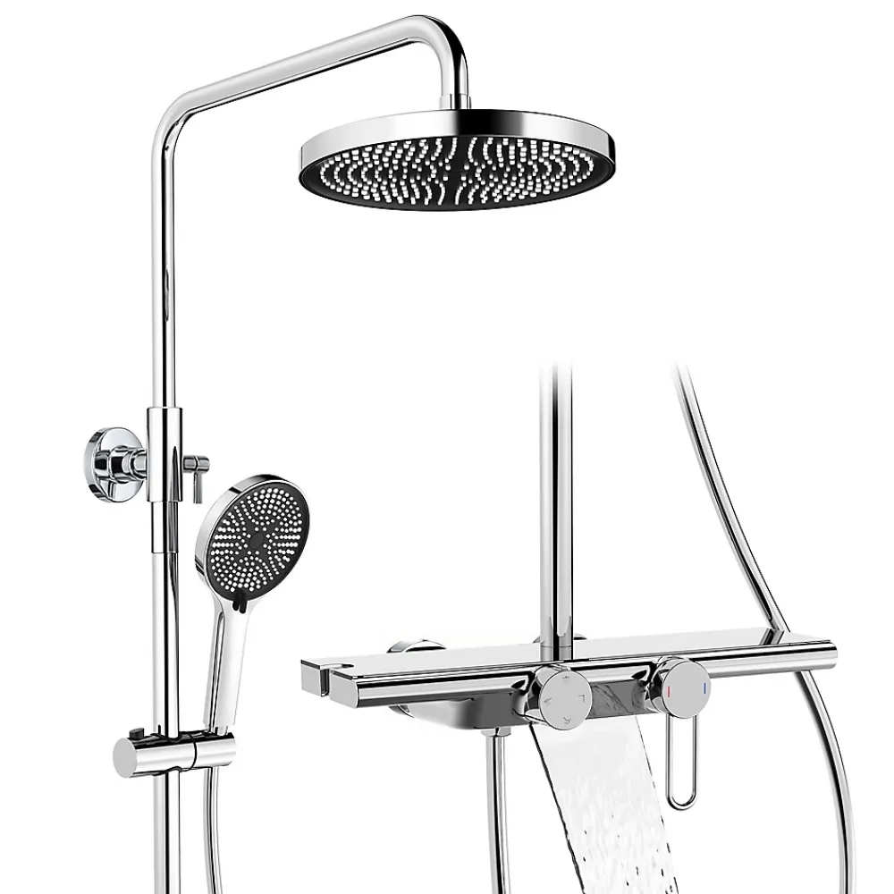 Colonne De Douche Mécanique|Homelody Colonne de Douche Mécanique avec Étagère 40 cm et Cascade Douchette 5 Jets et Jet Pluie Hauteur Réglable 940 a 1200 mm Chromé