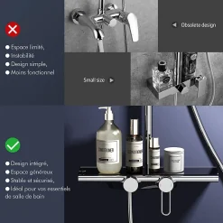 Colonne De Douche Mécanique|Homelody Colonne de Douche Mécanique avec Étagère 40 cm et Cascade Douchette 5 Jets et Jet Pluie Hauteur Réglable 940 a 1200 mm Chromé