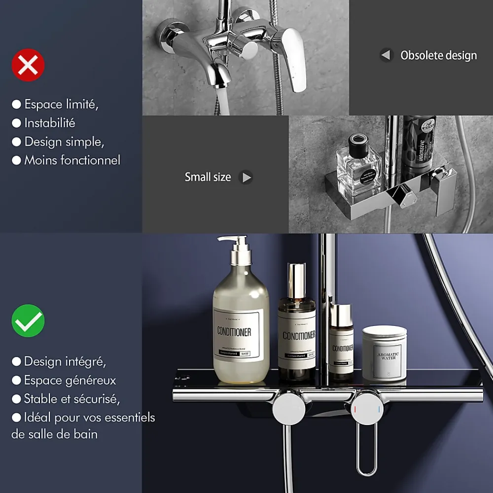 Colonne De Douche Mécanique|Homelody Colonne de Douche Mécanique avec Étagère 40 cm et Cascade Douchette 5 Jets et Jet Pluie Hauteur Réglable 940 a 1200 mm Chromé