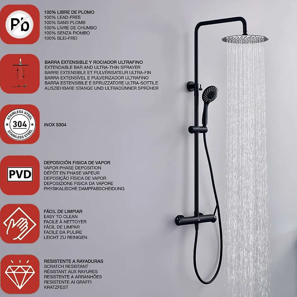 Poalgi Colonne de douche mécanique avec barre extensible SKY BATH noir mat PVD Inox S304 série ROCK