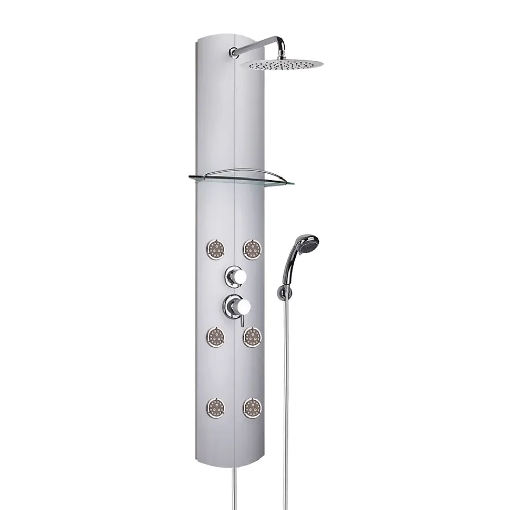 Valentin Colonne de douche mécanique hydromassante 6 buses avec tablette, pomme de tête, douchette 3 jets et flexible, gris, Totem Alu