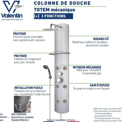 Valentin Colonne de douche mécanique hydromassante 6 buses avec tablette, pomme de tête, douchette 3 jets et flexible, gris, Totem Alu