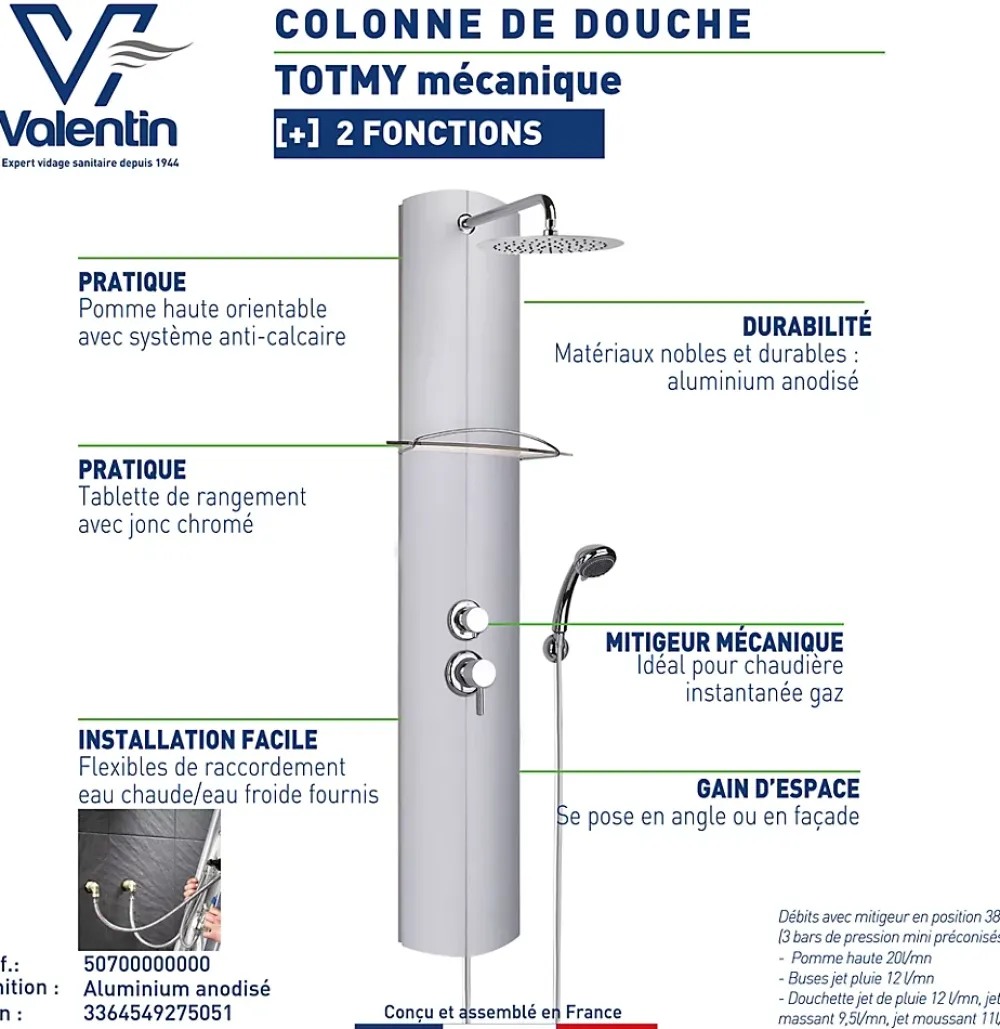 Colonne De Douche Hydromassante|Valentin Colonne de douche mécanique avec pomme de tête, douchette et flexible, en aluminuim anodisé gris, Totmy