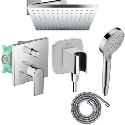 Hansgrohe Colonne de douche mécanique Vernis Shape Douche de tête Vernis Shape Flexible Métaflex Douchette Vernis Blend chromé