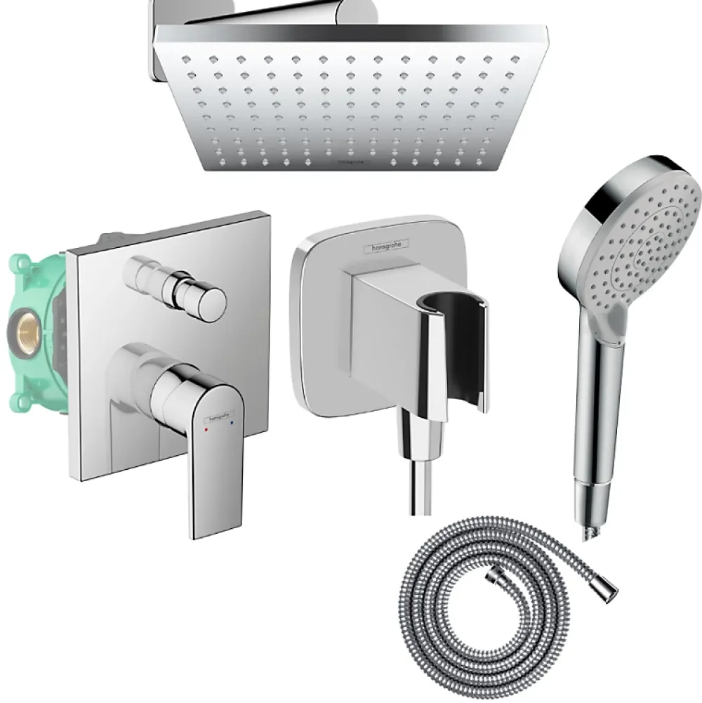 Hansgrohe Colonne de douche mécanique Vernis Shape Douche de tête Vernis Shape Flexible Métaflex Douchette Vernis Blend chromé