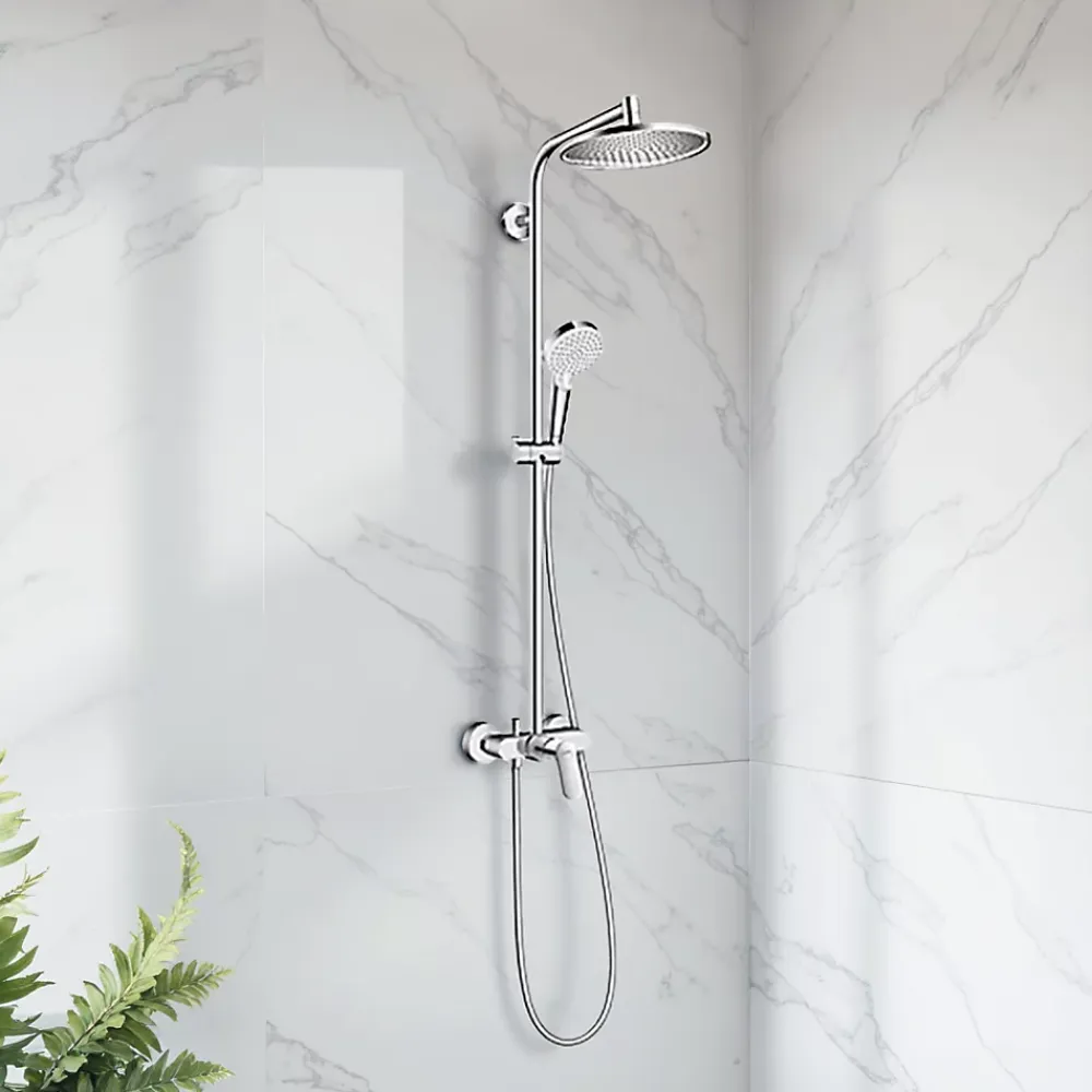 Colonne De Douche Mécanique|Hansgrohe Colonne de douche mécanique chrome avec pommeau rond + douchette 1 jet + flexible, Crometta S 240