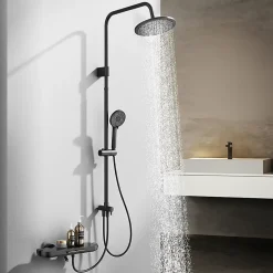 Colonne De Douche Mécanique|Homelody Colonne de Douche Mecanique avec Étagère Ensemble de Douche Douchette et Tête de Douche Hauteur Réglable 839 à 1164 mm ABS Noir