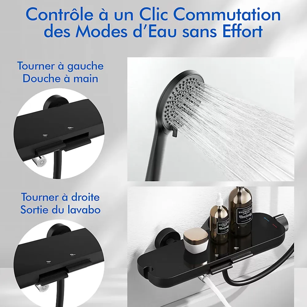 Colonne De Douche Mécanique|Homelody Colonne de Douche Mecanique avec Étagère Ensemble de Douche Douchette et Tête de Douche Hauteur Réglable 839 à 1164 mm ABS Noir