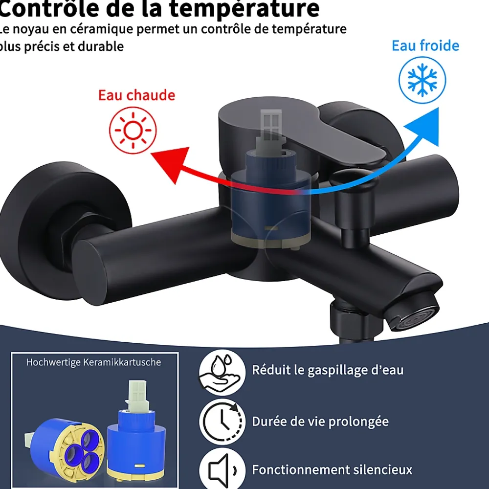 Homelody Colonne de Douche Mecanique avec Mitigeur 2 Fonctions Jet Pluie Douchette a Main Hauteur Reglable 839 a 1164 mm Inox Noir