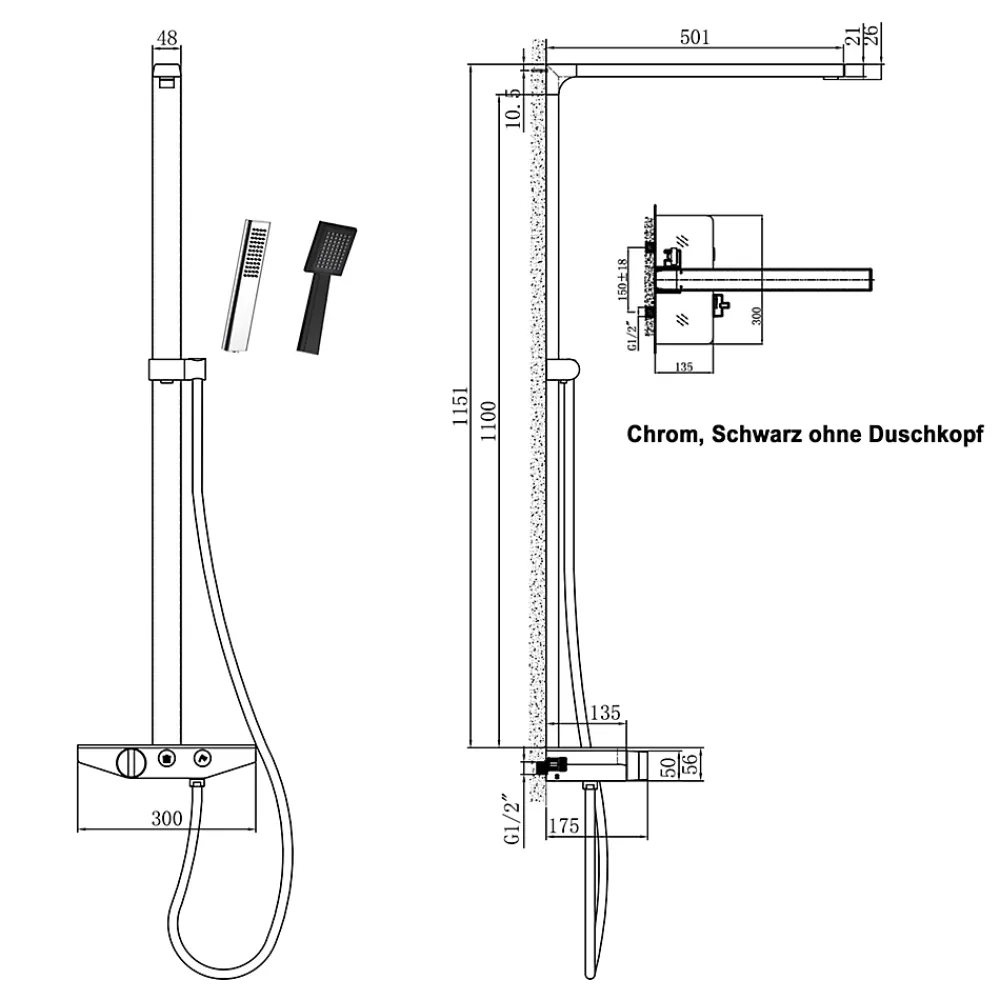 Bernstein Colonne de douche moderne combinée thermostatique acier inoxydable + tablette verre, 120x50cm, NT7385 Chrome, Sans pomme de douche
