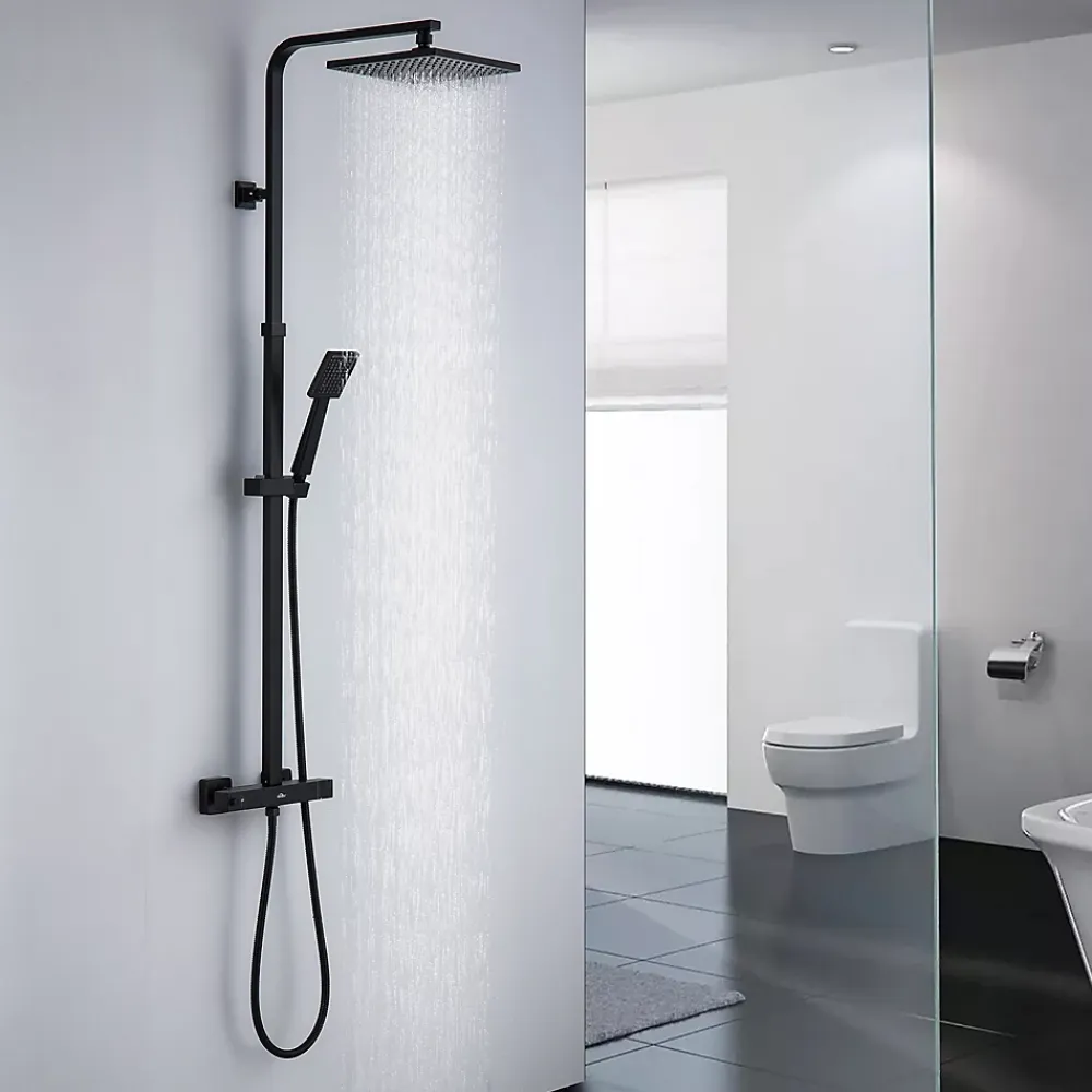 Colonne De Douche Thermostatique|Auralum Max Colonne de Douche Noir avec Mitigeur Thermostatique 2 Fonctions Ensemble de Douche Noir en Laiton, Haute Réglable 110-137 cm