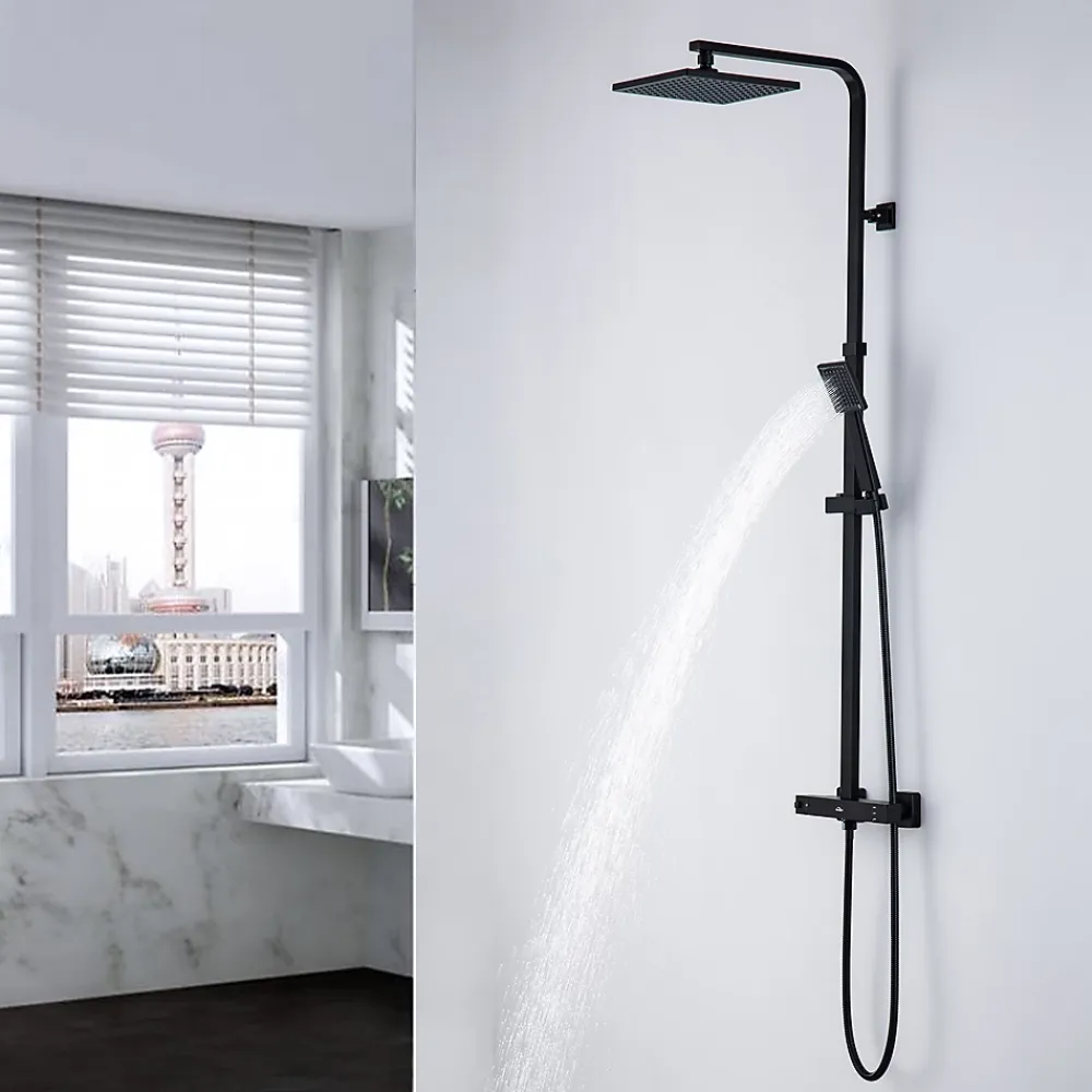 Colonne De Douche Thermostatique|Auralum Max Colonne de Douche Noir avec Mitigeur Thermostatique 2 Fonctions Ensemble de Douche Noir en Laiton, Haute Réglable 110-137 cm