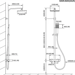Colonne De Douche Thermostatique|Auralum Max Colonne de Douche Noir avec Mitigeur Thermostatique 2 Fonctions Ensemble de Douche Noir en Laiton, Haute Réglable 110-137 cm