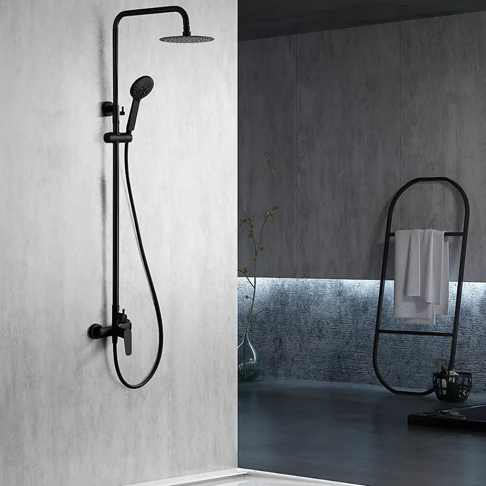 Imex Products Colonne de douche noire mate en acier et laiton avec flexible et pommeau extraplats