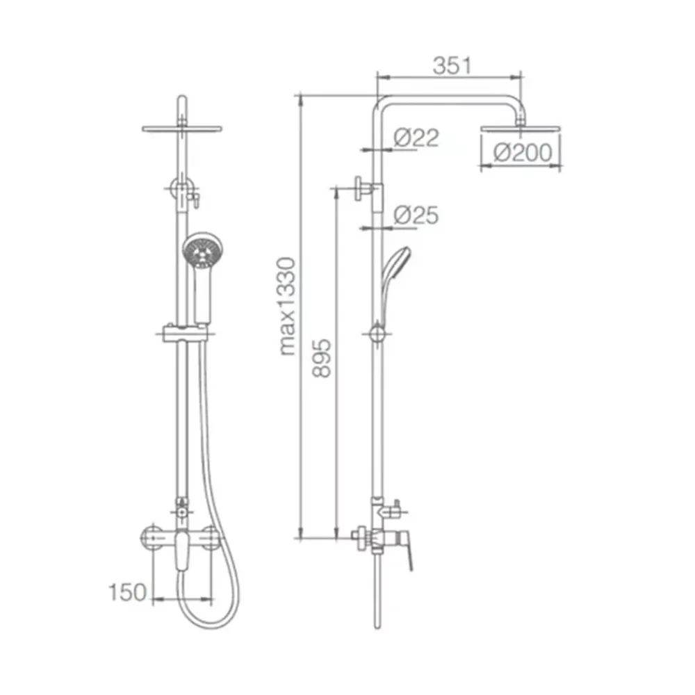 Imex Products Colonne de douche noire mate en acier et laiton avec flexible et pommeau extraplats