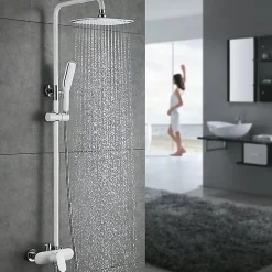 Colonne De Douche Mécanique|Homelody Colonne de Douche Peinture Blanc Ensemble de Douche Hauteur Réglable avec Mitigeur Mécanique Moderne pour Salle de Bain