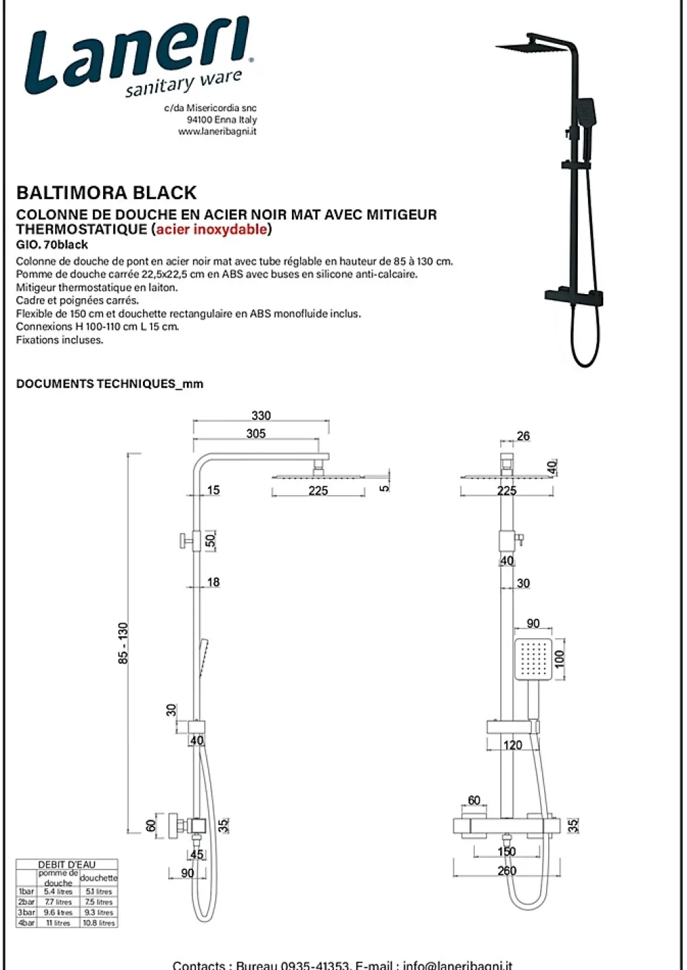 Robinet De Douche|Laneri COLONNE DE DOUCHE PONT EN ACIER NOIR MAT, THERMOSTATIQUE
