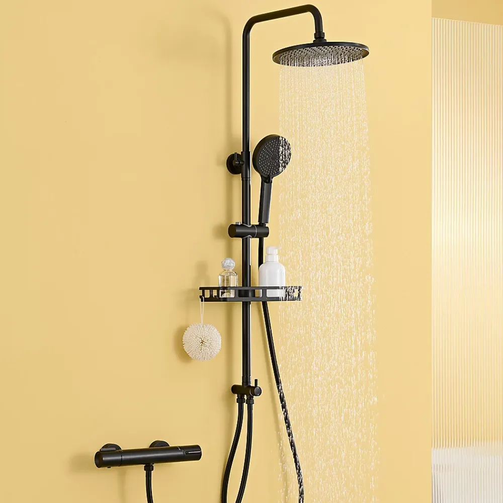 Colonne De Douche Thermostatique|Auralum Max Colonne de Douche, Réglable Hauteur avec Étagère Douche Set kit Douche sans Robinet avec Pommeau Douche Rond 25cm,Noir
