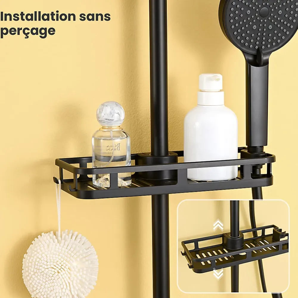 Colonne De Douche Thermostatique|Auralum Max Colonne de Douche, Réglable Hauteur avec Étagère Douche Set kit Douche sans Robinet avec Pommeau Douche Rond 25cm,Noir