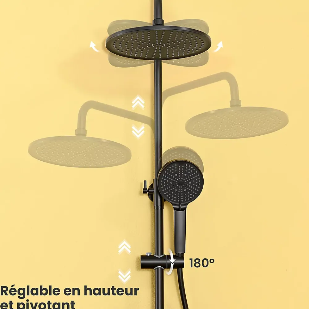 Colonne De Douche Thermostatique|Auralum Max Colonne de Douche, Réglable Hauteur avec Étagère Douche Set kit Douche sans Robinet avec Pommeau Douche Rond 25cm,Noir