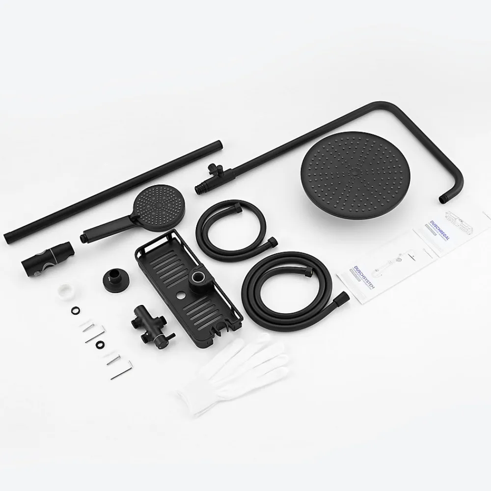 Colonne De Douche Thermostatique|Auralum Max Colonne de Douche, Réglable Hauteur avec Étagère Douche Set kit Douche sans Robinet avec Pommeau Douche Rond 25cm,Noir