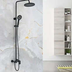 Kibath Colonne de douche ronde monocommande 3 voies REY, 96-136 cm, finition NOIR mat, en laiton