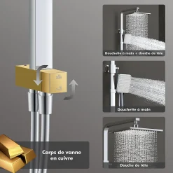 Colonne De Douche Sans Robinetterie|Homelody Colonne de Douche sans Mitigeur Systeme Effet Pluie avec Douchette Hauteur Reglable 900 a 1200 mm Laiton et Inox Chrome