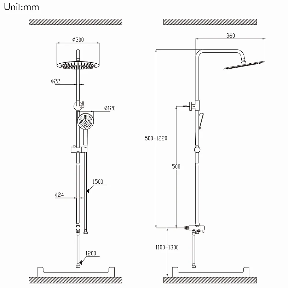 Homelody Colonne de Douche Sans Mitigeur Systeme de Douche Effet Pluie Douchette 3 Fonctions Hauteur Reglable 500 a 1220 mm Inox Noir
