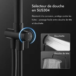 Homelody Colonne de Douche Sans Mitigeur Systeme de Douche Effet Pluie Douchette 3 Fonctions Hauteur Reglable 500 a 1220 mm Inox Noir