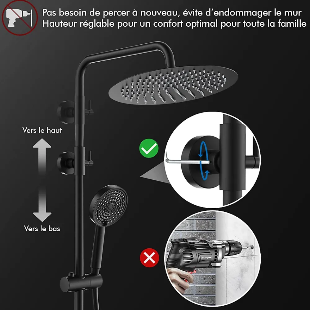 Homelody Colonne de Douche Sans Mitigeur Systeme de Douche Effet Pluie Douchette 3 Fonctions Hauteur Reglable 500 a 1220 mm Inox Noir