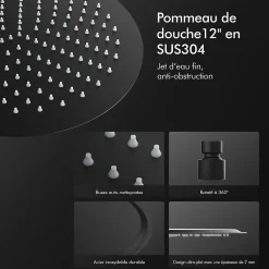 Homelody Colonne de Douche Sans Mitigeur Systeme de Douche Effet Pluie Douchette 3 Fonctions Hauteur Reglable 500 a 1220 mm Inox Noir