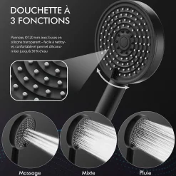 Homelody Colonne de Douche Sans Mitigeur Systeme de Douche Effet Pluie Douchette 3 Fonctions Hauteur Reglable 500 a 1220 mm Inox Noir