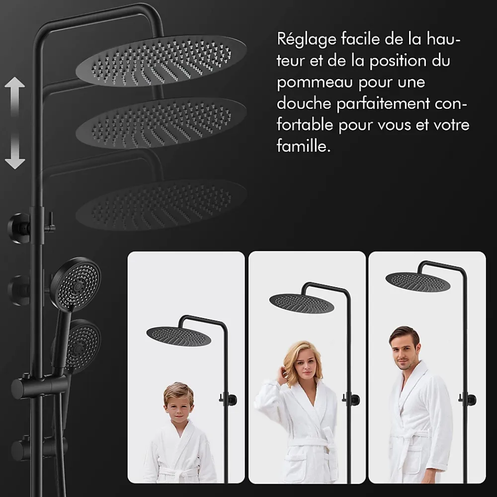 Homelody Colonne de Douche Sans Mitigeur Systeme de Douche Effet Pluie Douchette 3 Fonctions Hauteur Reglable 500 a 1220 mm Inox Noir