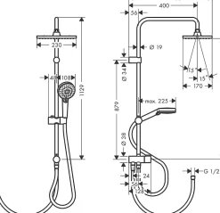 Hansgrohe Colonne de douche sans robinetterie avec pommeau + douchette 2 jets + flexible + barre réglable, noir mat, Vernis Shape
