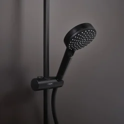 Hansgrohe Colonne de douche sans robinetterie avec pommeau + douchette 2 jets + flexible + barre réglable, noir mat, Vernis Shape