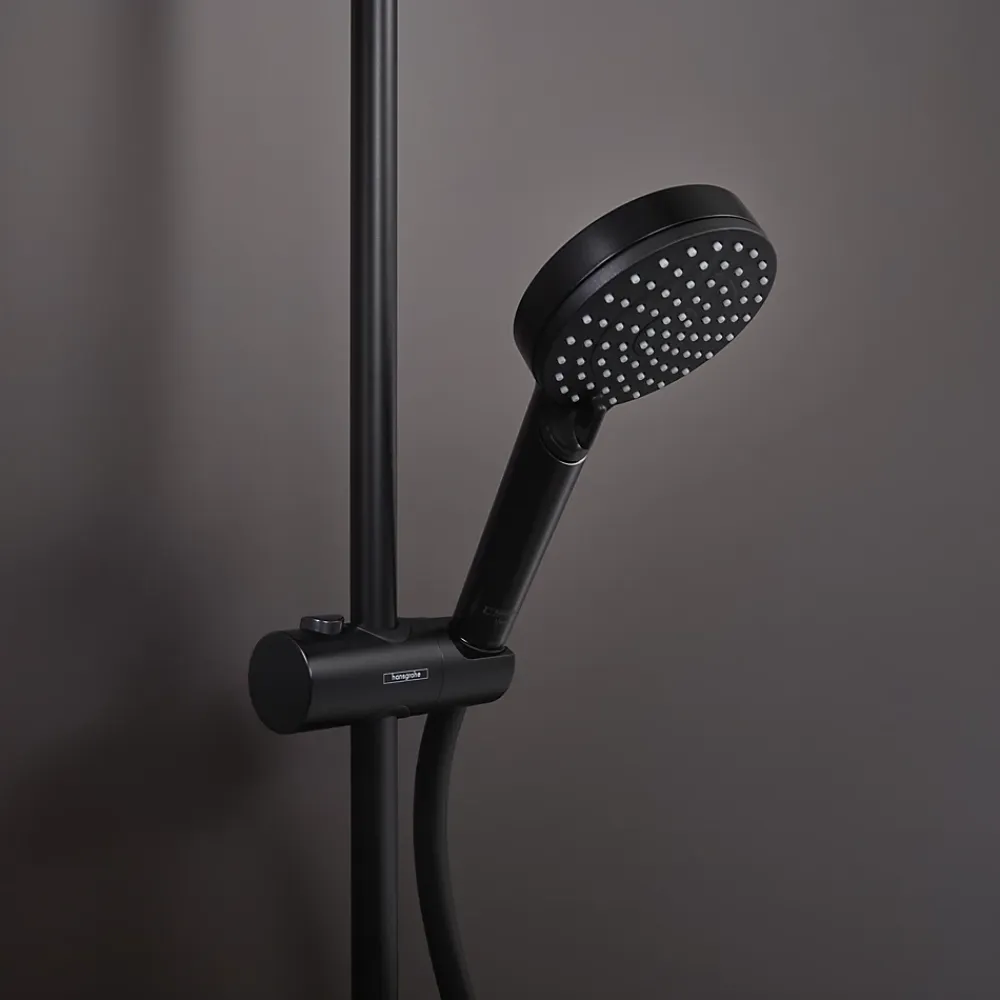 Hansgrohe Colonne de douche sans robinetterie avec pommeau + douchette 2 jets + flexible + barre réglable, noir mat, Vernis Shape