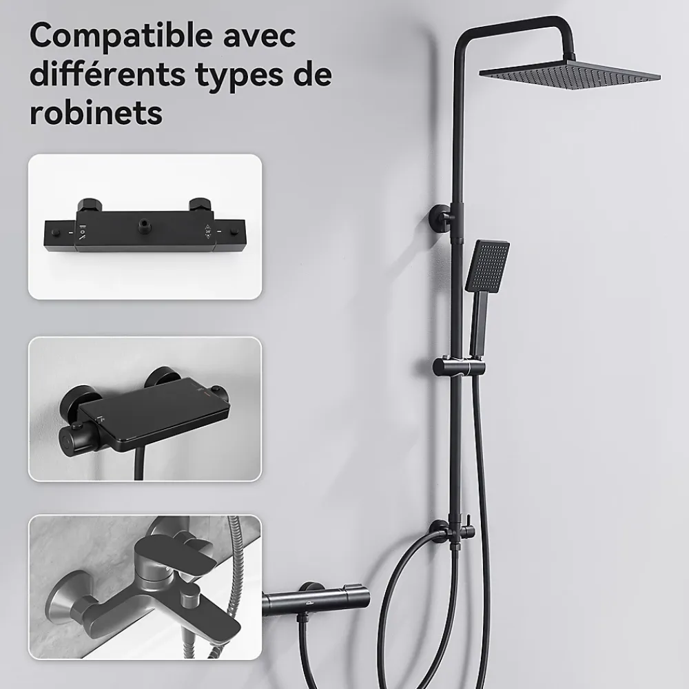 Robinet De Douche|Sofetiy Max Colonne de douche sans robinetterie avec pommeau + douchette+ flexible + barre réglable, Noir