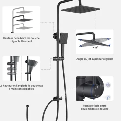 Robinet De Douche|Sofetiy Max Colonne de douche sans robinetterie avec pommeau + douchette+ flexible + barre réglable, Noir