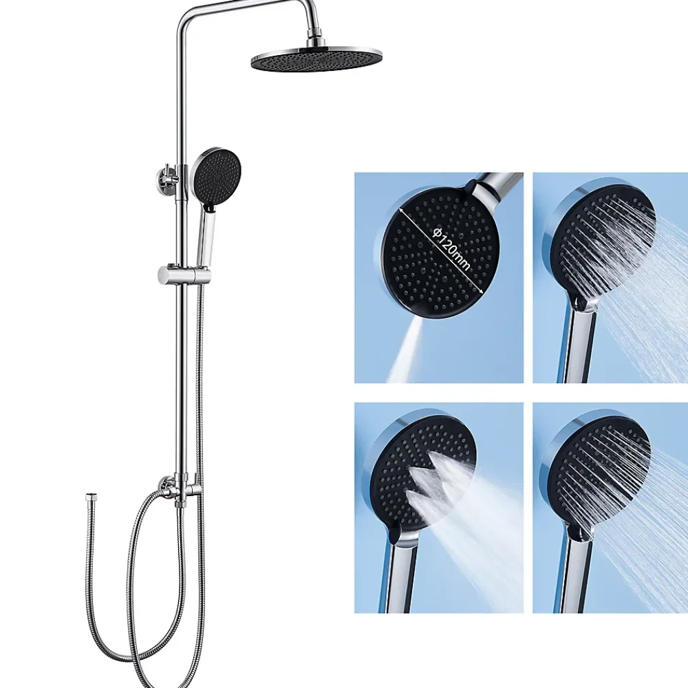 Colonne De Douche Sans Robinetterie|Sofetiy Max Colonne de douche sans robinetterie avec pommeau + douchette 4 jets + flexible + barre réglable, chromé