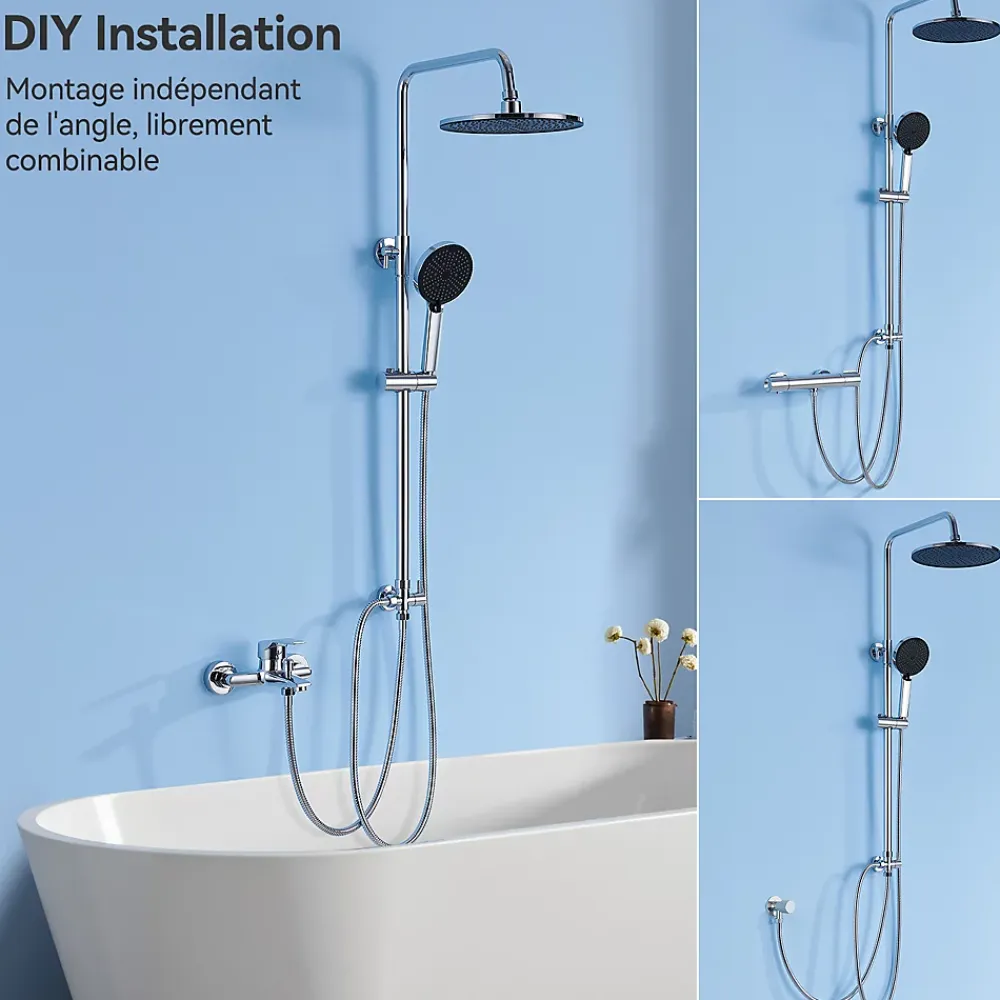 Colonne De Douche Sans Robinetterie|Sofetiy Max Colonne de douche sans robinetterie avec pommeau + douchette 4 jets + flexible + barre réglable, chromé