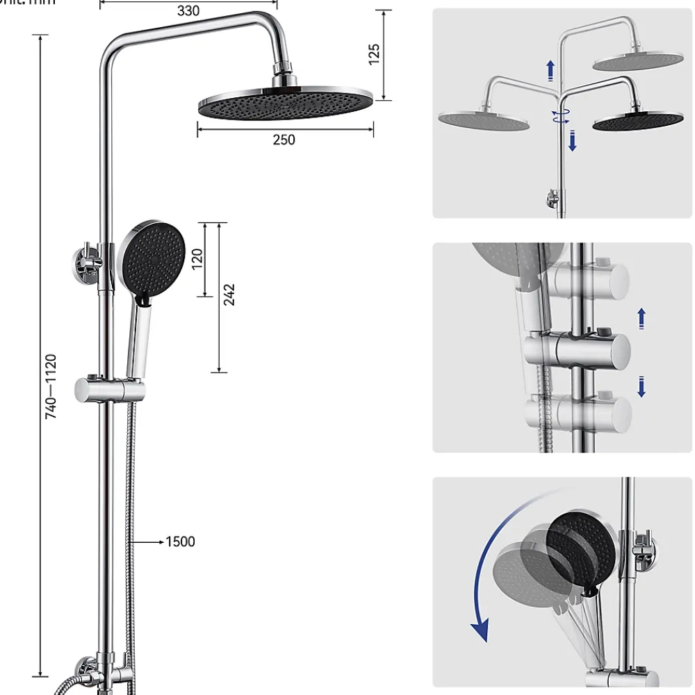 Colonne De Douche Sans Robinetterie|Sofetiy Max Colonne de douche sans robinetterie avec pommeau + douchette 4 jets + flexible + barre réglable, chromé