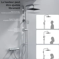 Robinet De Douche|Auralum Max Colonne de douche sans robinetterie avec pommeau + douchette + flexible + barre réglable, chromé