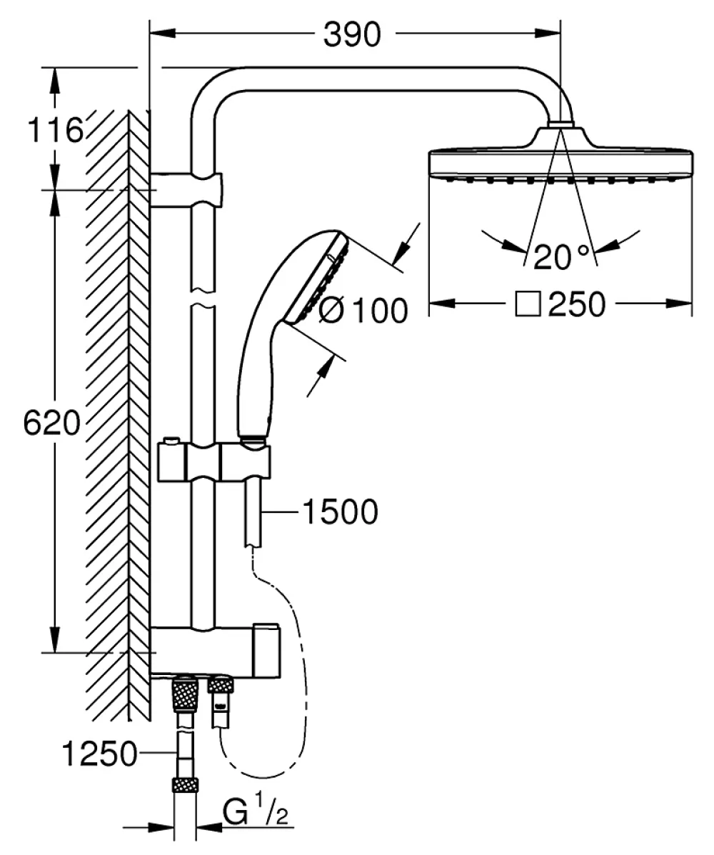 Colonne De Douche Sans Robinetterie|Grohe Colonne de douche sans robinetterie avec pommeau + douchette 1 jet + flexible + barre réglable Vitalio Start 250 Cube
