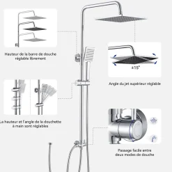 Sofetiy Max Colonne de douche sans robinetterie avec pommeau + douchette+ flexible + barre réglable, chrome