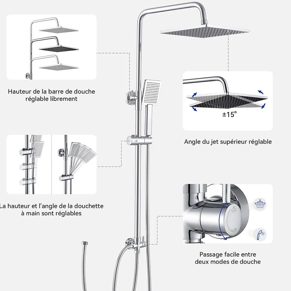 Sofetiy Max Colonne de douche sans robinetterie avec pommeau + douchette+ flexible + barre réglable, chrome