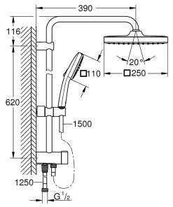 Grohe Colonne de douche sans robinetterie avec douchette + pommeau + flexible + barre, chrome carré, Vitalio Start 250